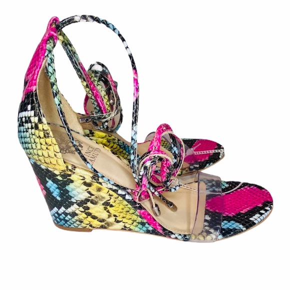 NWOB Vince Camuto Stassia Snake Print Leather Clear Ankle Tie Wedge Sandals - Picture 3 of 8